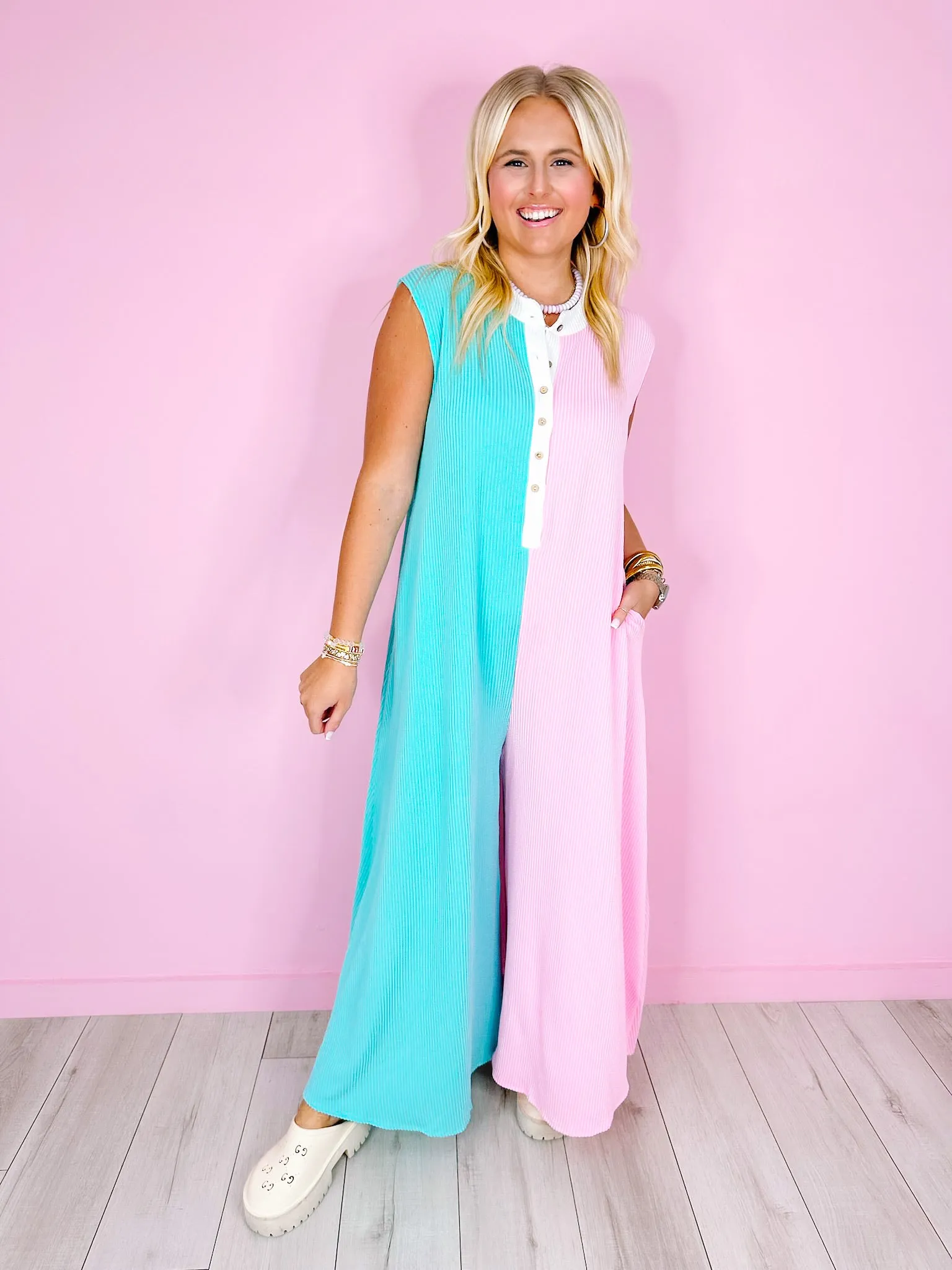 BE MY COLORBLOCK WIDE LEG JUMPSUIT - BLUE/PINK