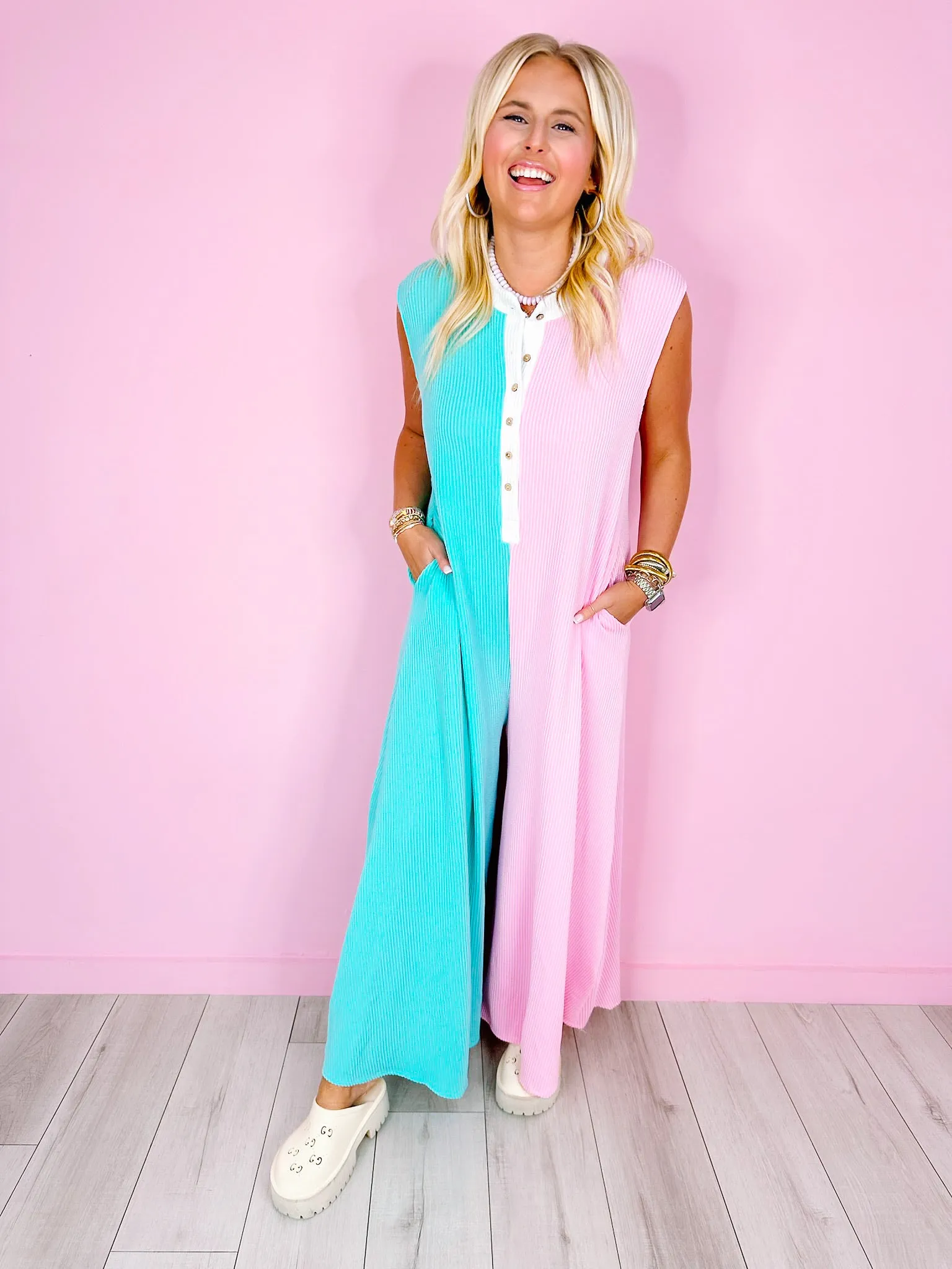 BE MY COLORBLOCK WIDE LEG JUMPSUIT - BLUE/PINK