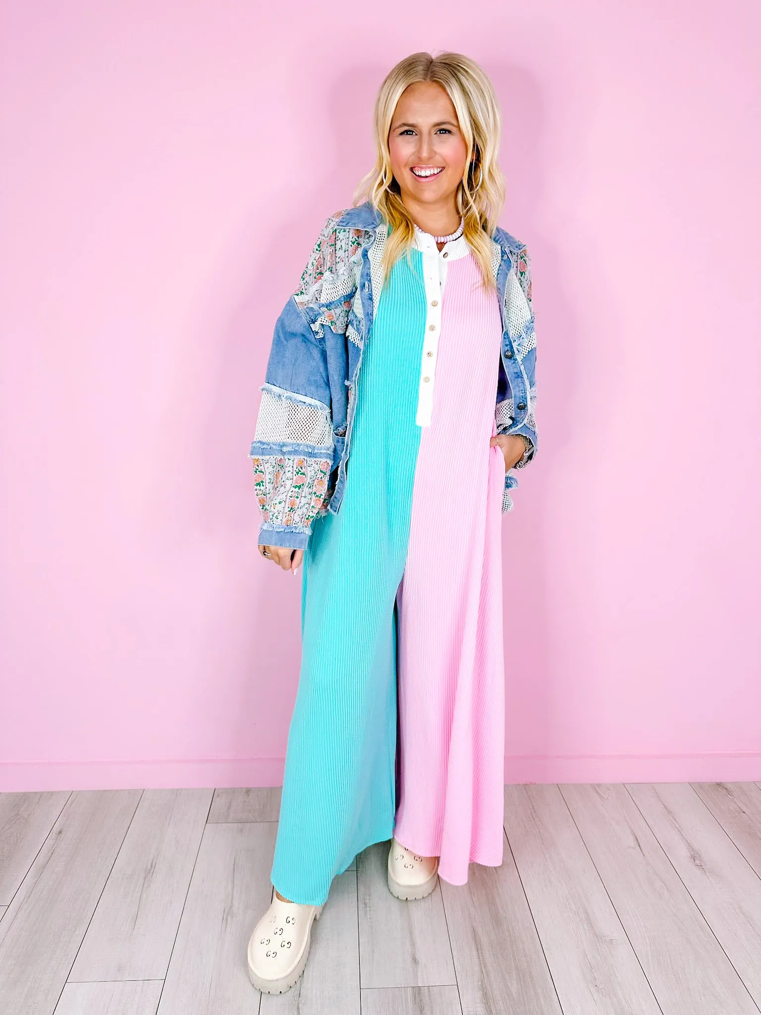 BE MY COLORBLOCK WIDE LEG JUMPSUIT - BLUE/PINK