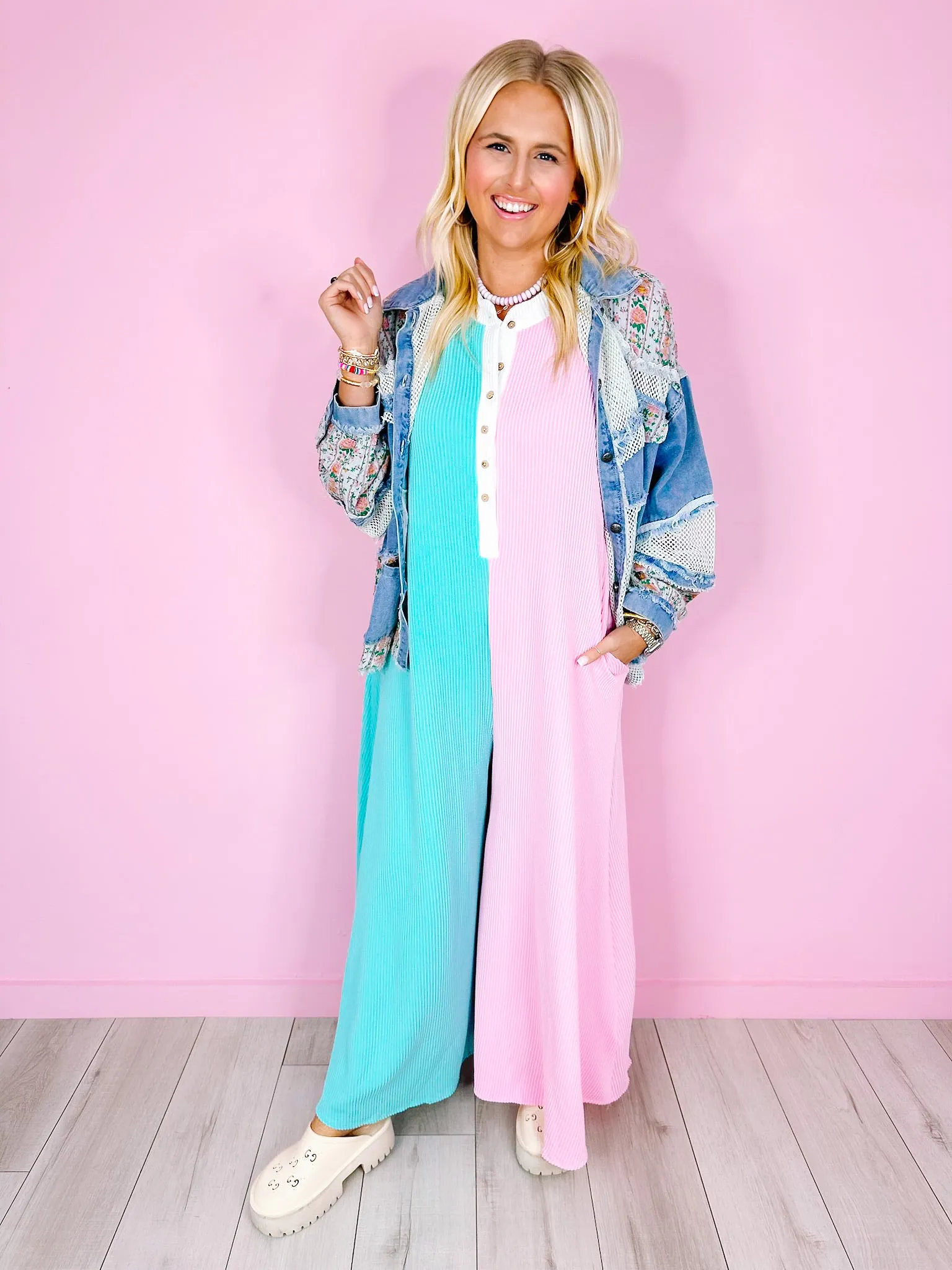 BE MY COLORBLOCK WIDE LEG JUMPSUIT - BLUE/PINK