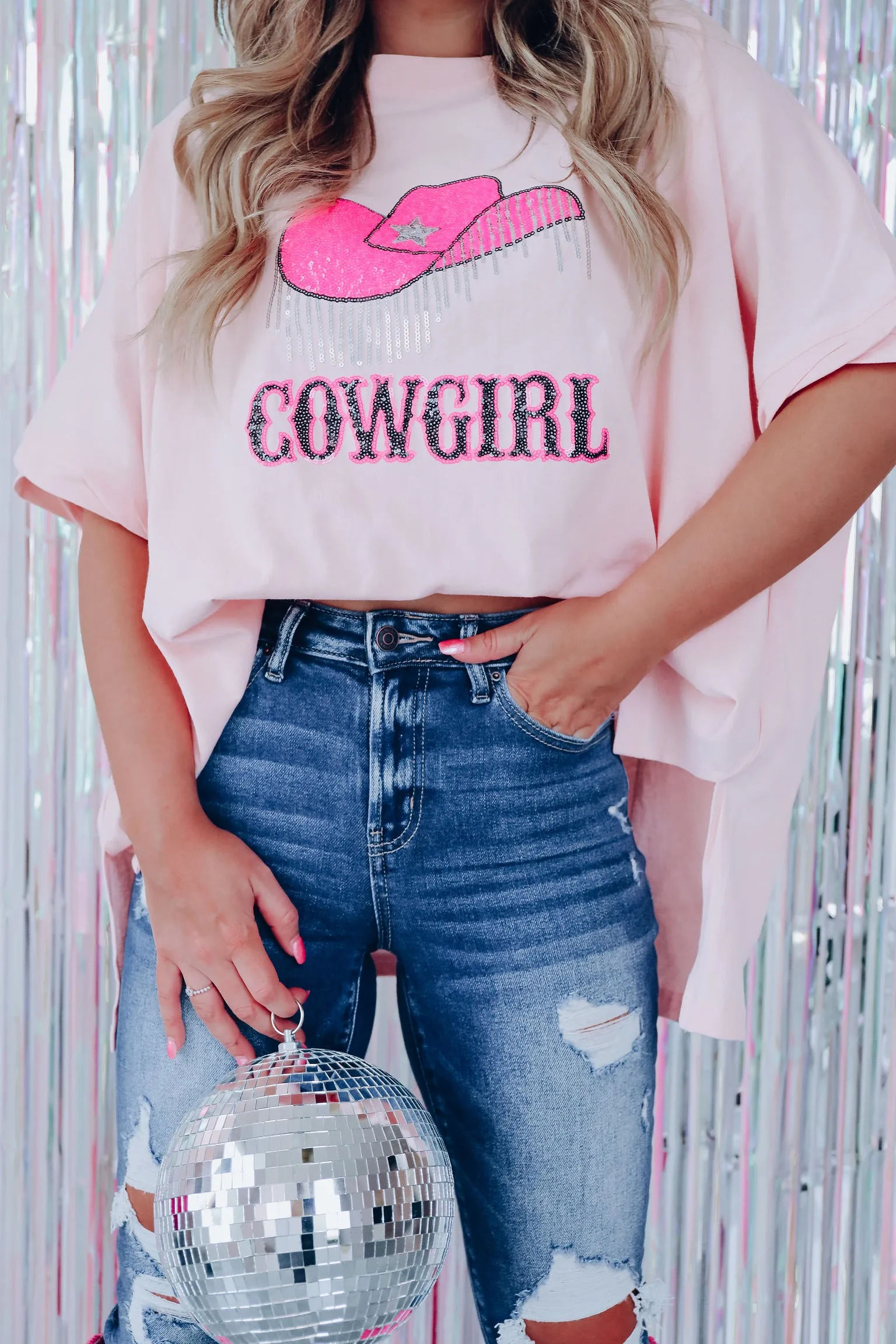 Blingy Cowgirl Hat Oversized Graphic Tee - Blush