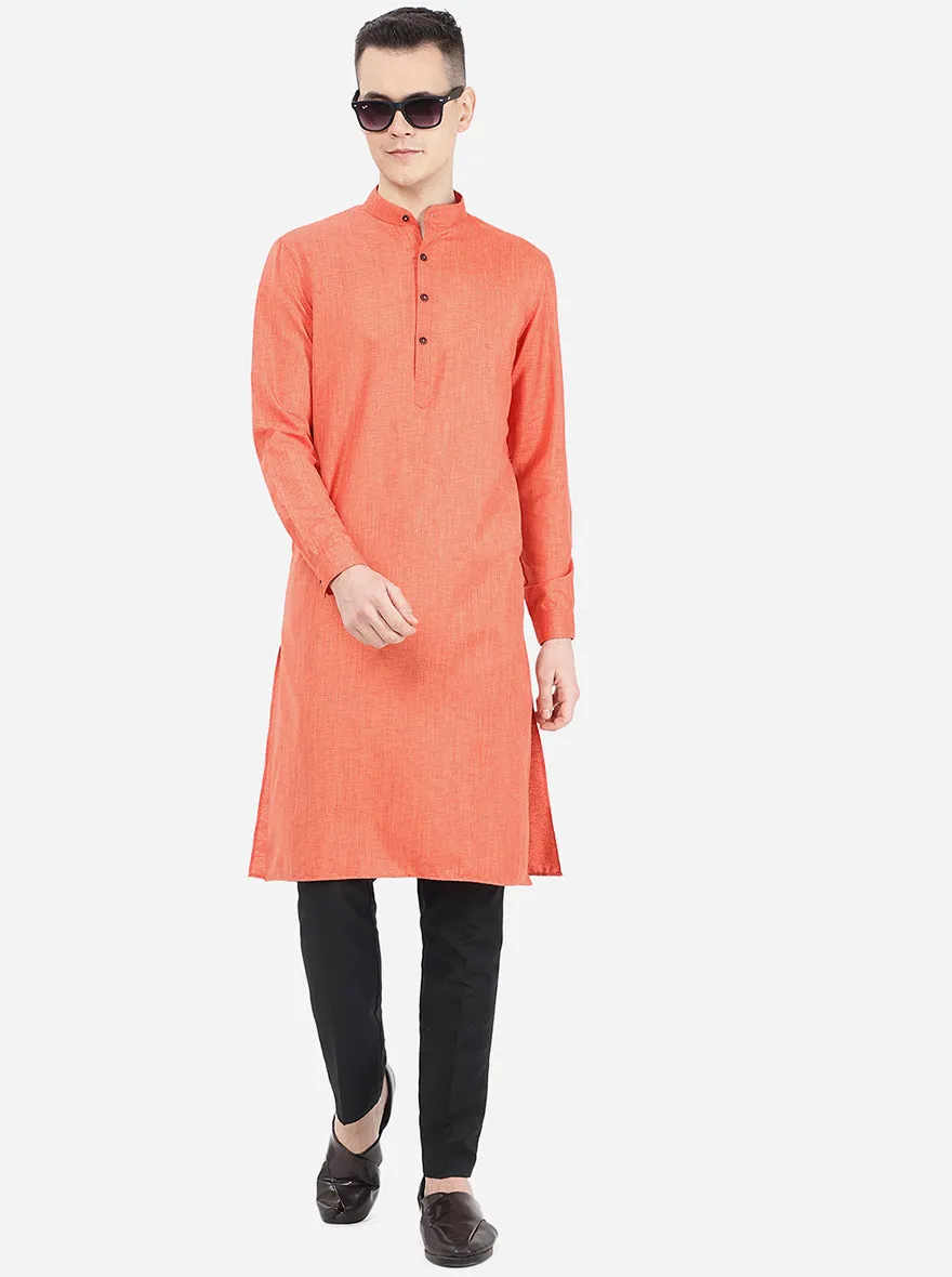 Carrot Red Self Textured Regular Fit Modi Kurta | Modi Kurta