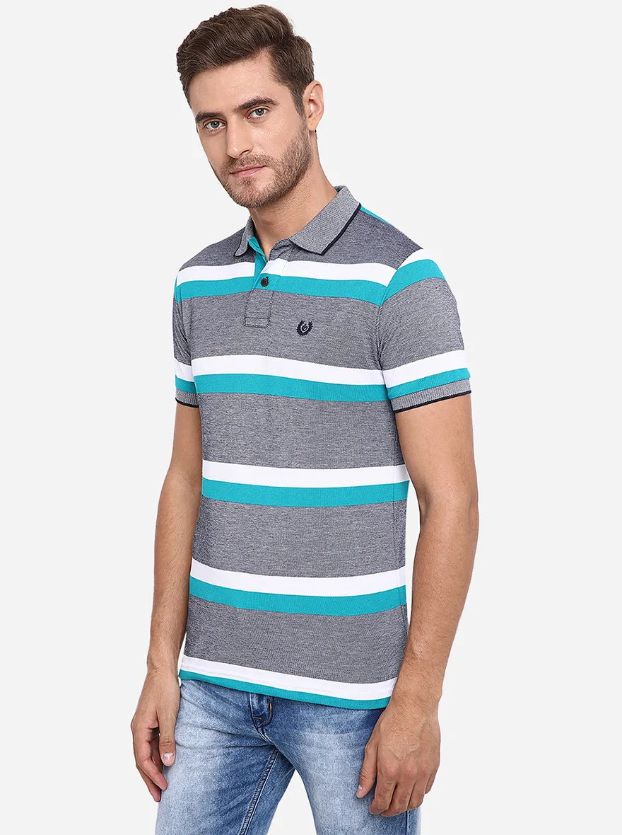 Grey & Mint Striped Slim Fit Polo T-Shirt | Greenfibre