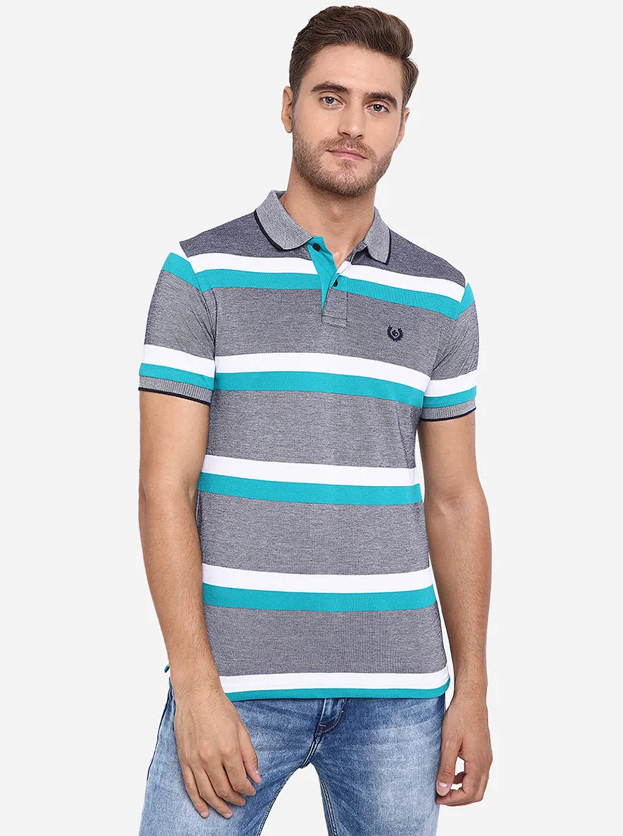 Grey & Mint Striped Slim Fit Polo T-Shirt | Greenfibre