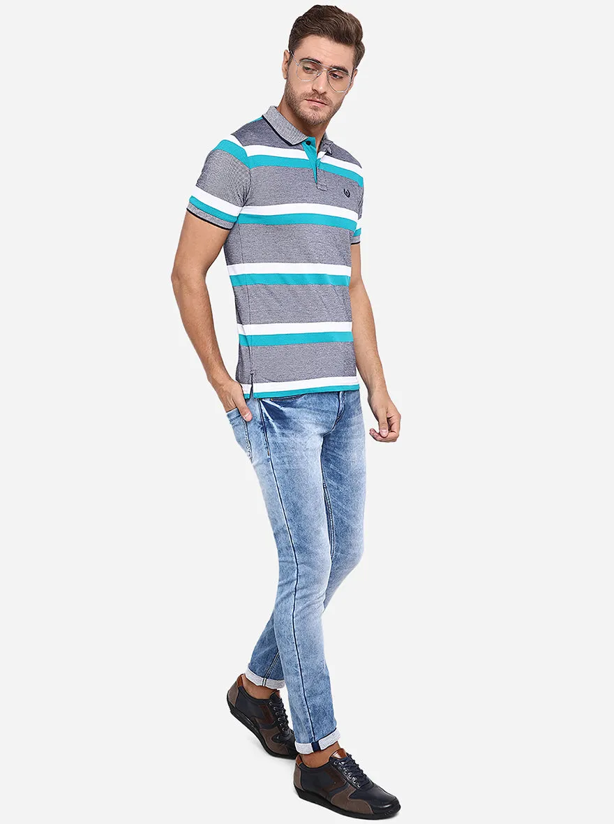 Grey & Mint Striped Slim Fit Polo T-Shirt | Greenfibre