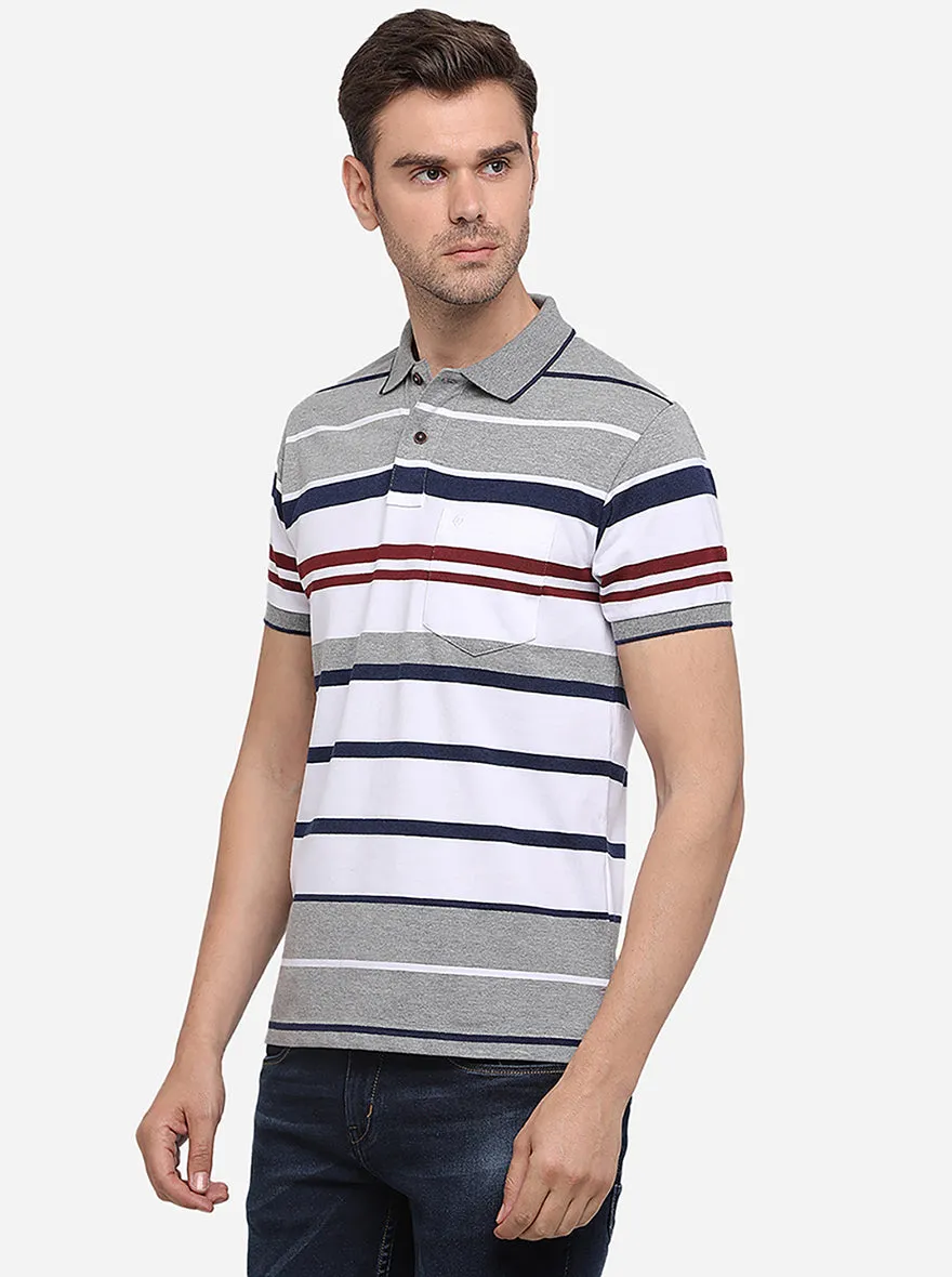 Grey Melange Striped Slim Fit Polo T-Shirt | Greenfibre