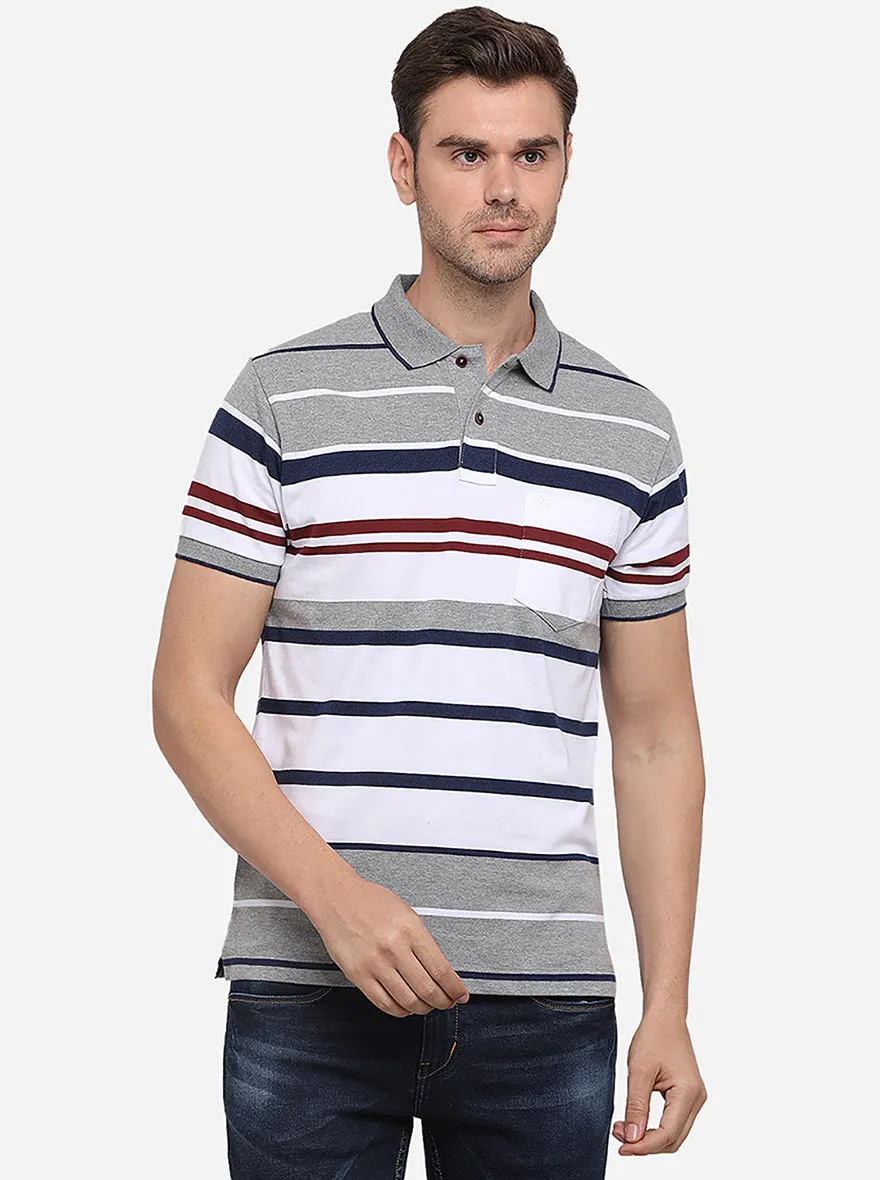 Grey Melange Striped Slim Fit Polo T-Shirt | Greenfibre