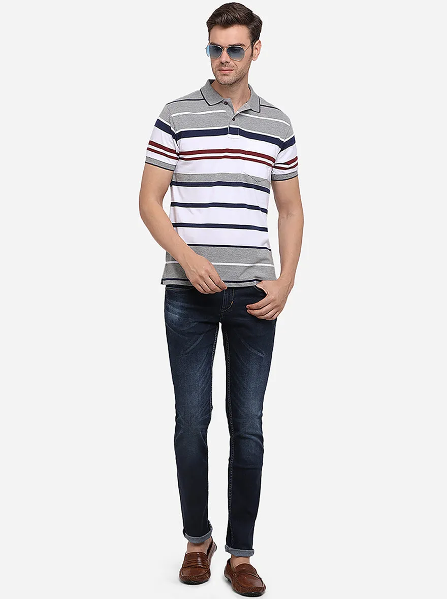 Grey Melange Striped Slim Fit Polo T-Shirt | Greenfibre