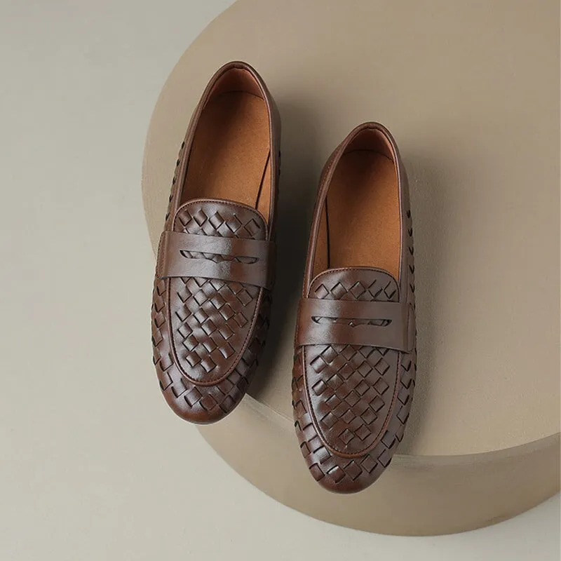 Handmade Woven Leather Loafers for Women in Brown/Black