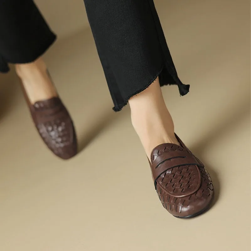 Handmade Woven Leather Loafers for Women in Brown/Black