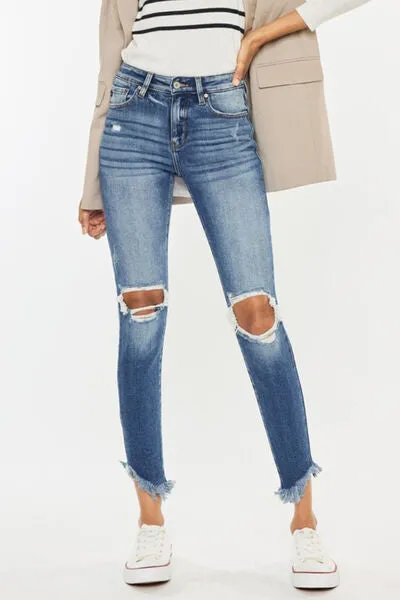 High Waist Distressed Raw Hem Ankle Skinny Jeans