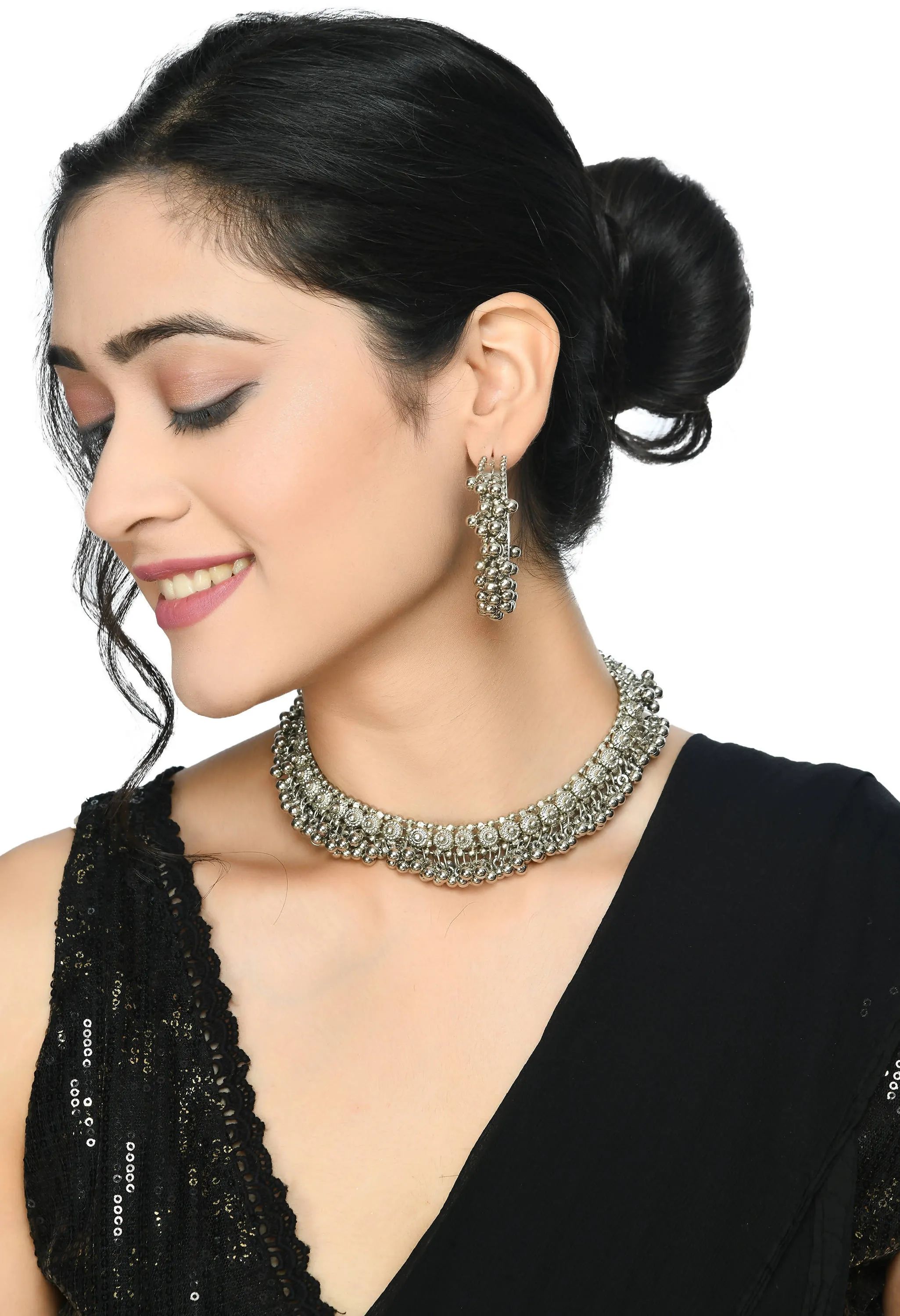 Indiakreations Silver-Plated Choker Necklace with Earrings Jkms_093