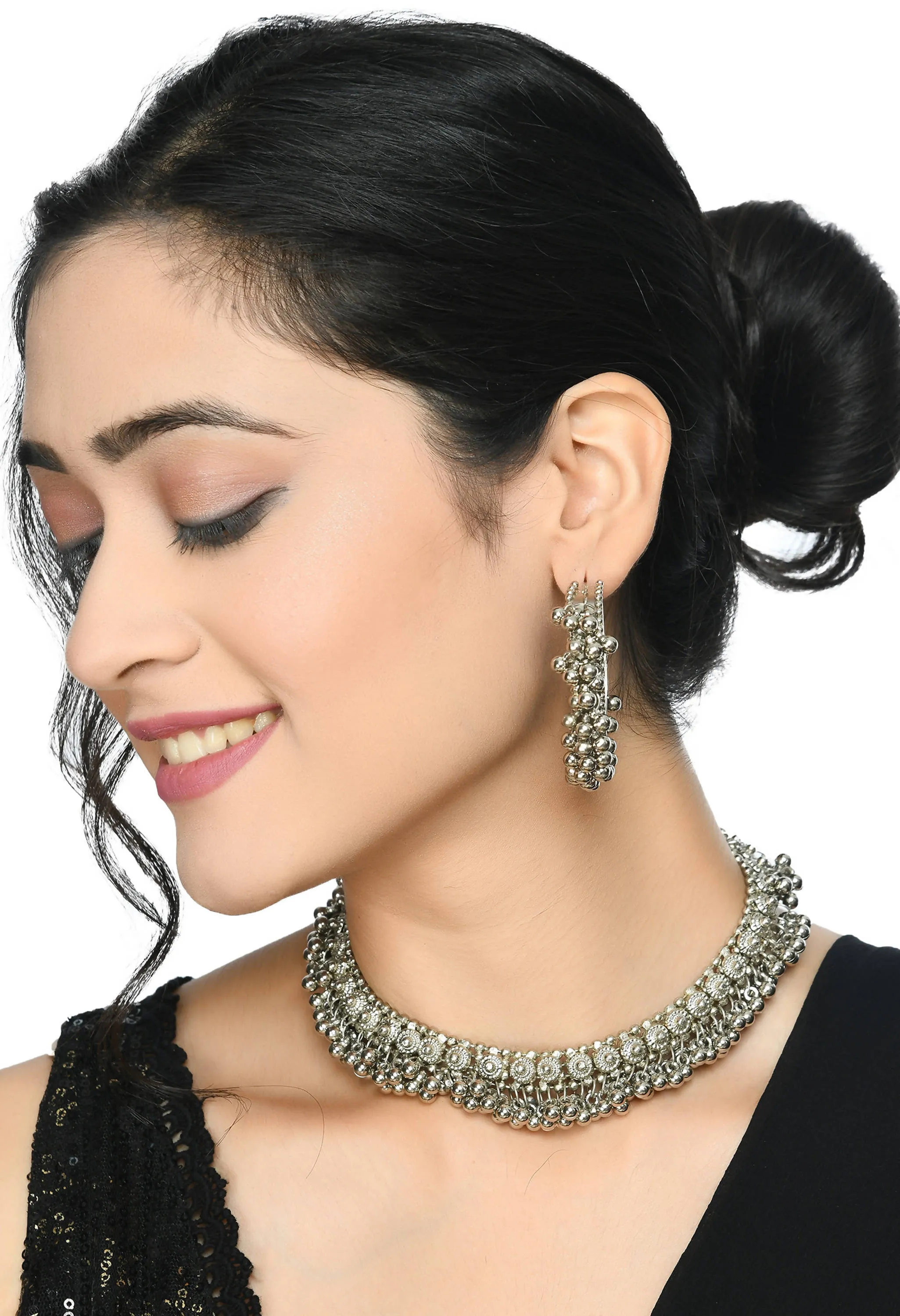 Indiakreations Silver-Plated Choker Necklace with Earrings Jkms_093