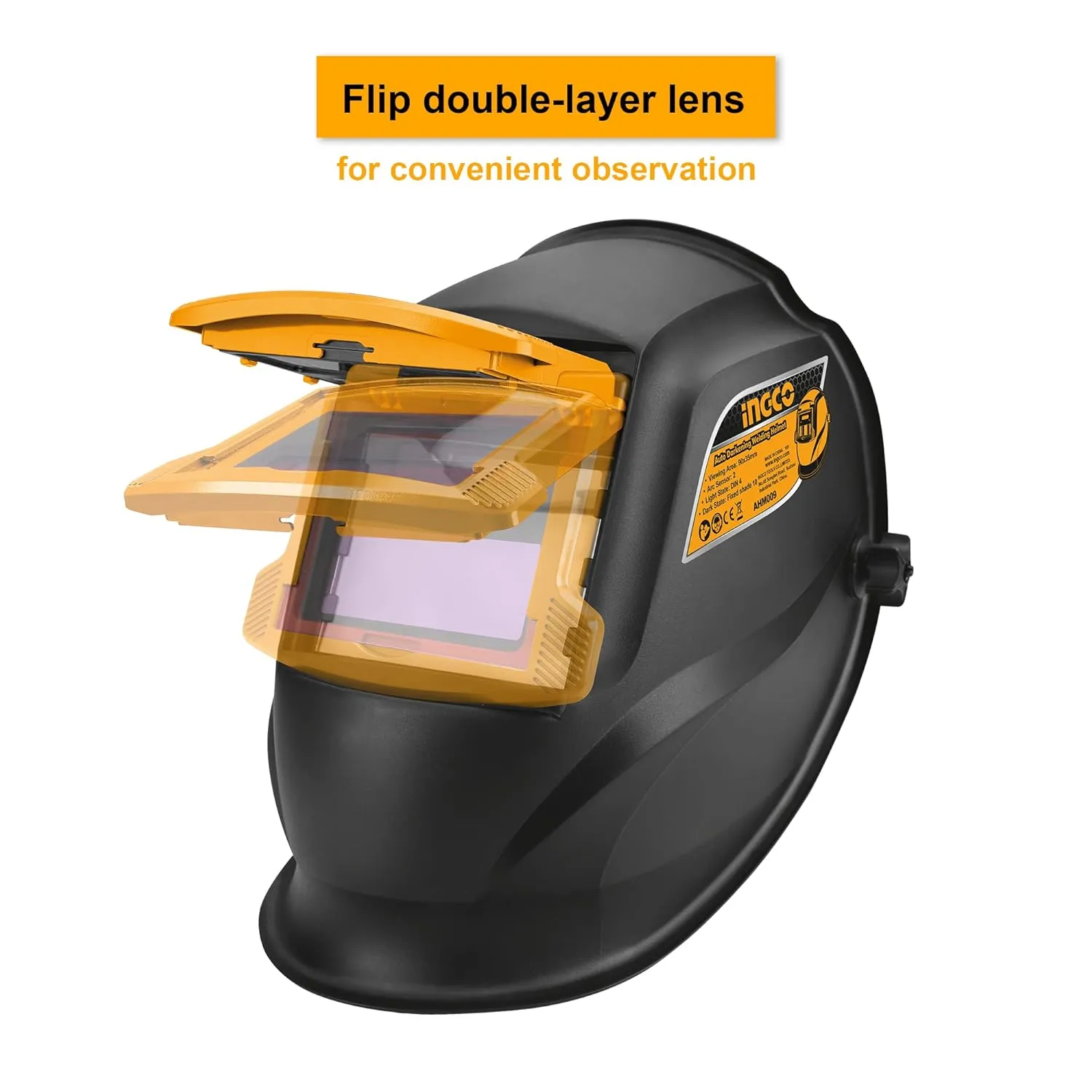 INGCO Auto Darkening Welding Helmet, Solar Powered Welding Mask, 90×35mm | 2 Arc Sensor | 1/5000s Switching time | DIN 16 UV/IR Protection Welding Hood for Welding, Grinding, Cutting and so on AHM009