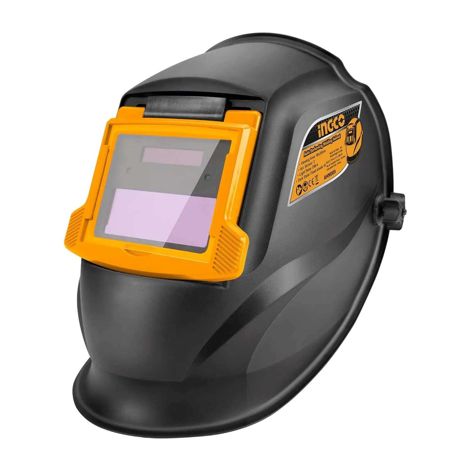 INGCO Auto Darkening Welding Helmet, Solar Powered Welding Mask, 90×35mm | 2 Arc Sensor | 1/5000s Switching time | DIN 16 UV/IR Protection Welding Hood for Welding, Grinding, Cutting and so on AHM009