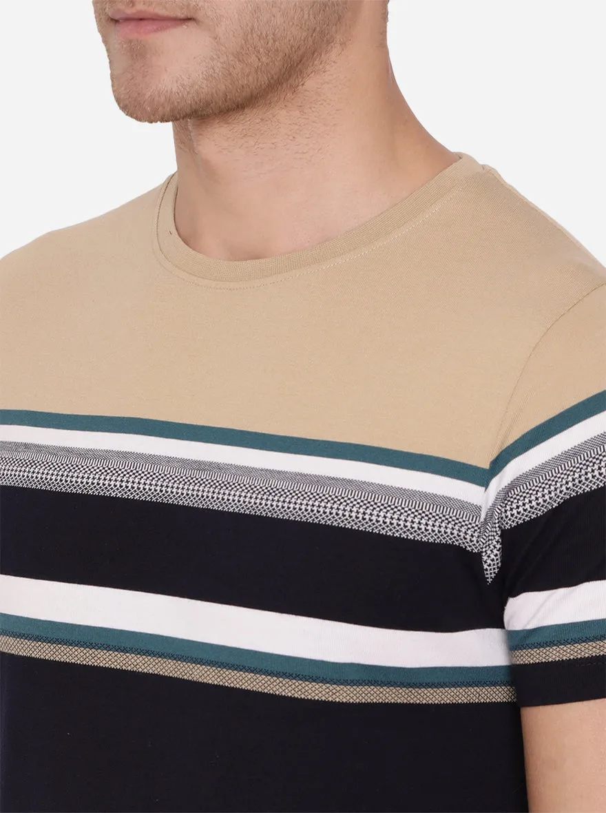 Khaki & Blue Striped Slim Fit T-Shirt | Greenfibre