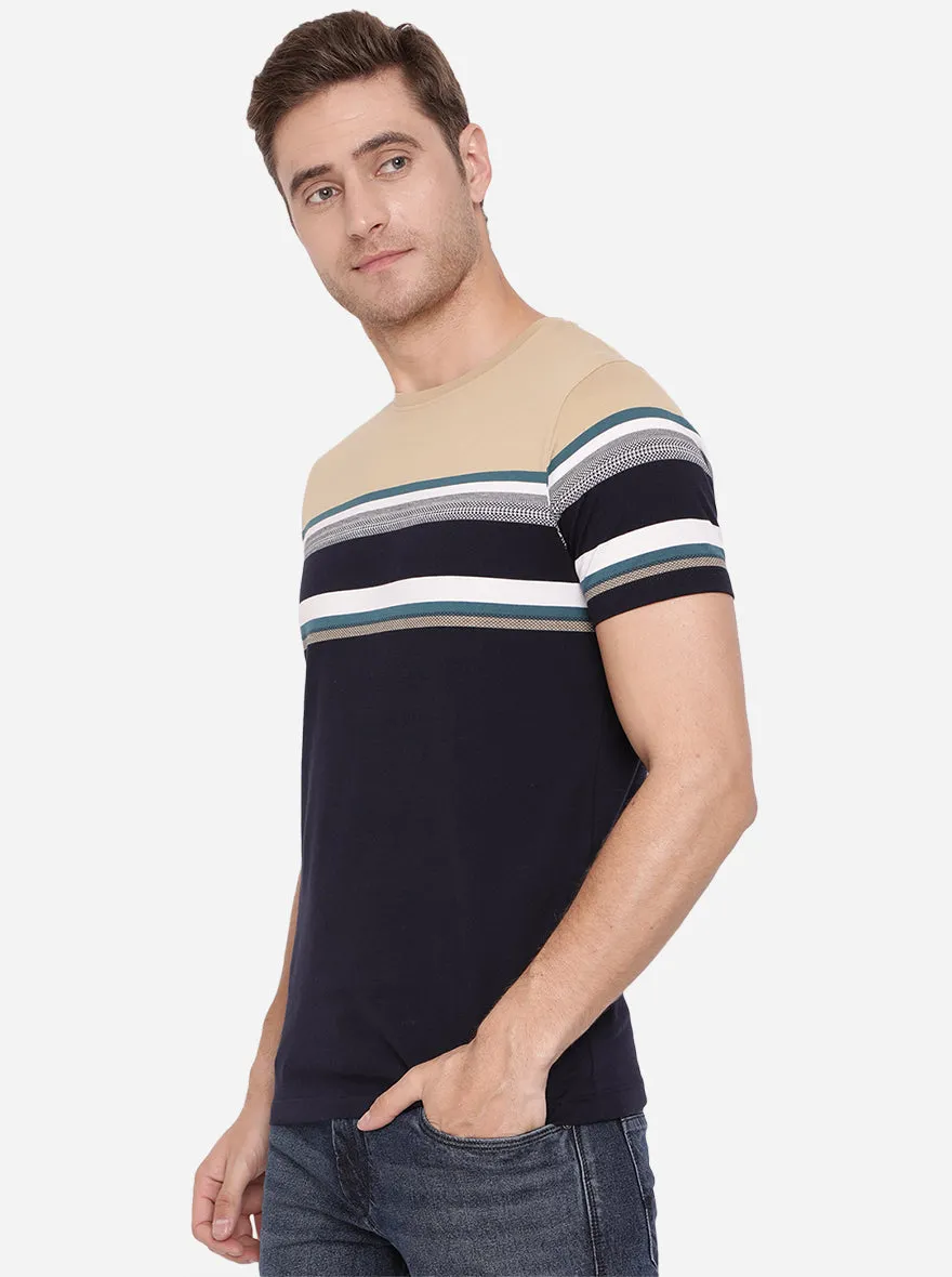 Khaki & Blue Striped Slim Fit T-Shirt | Greenfibre