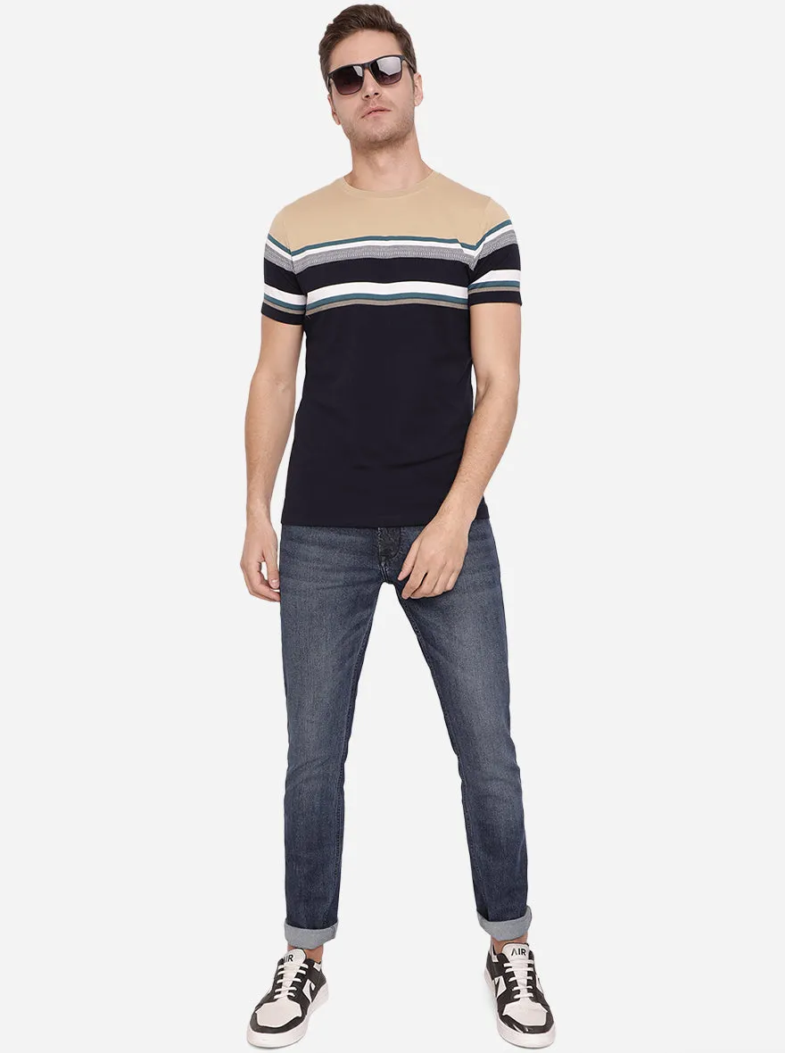 Khaki & Blue Striped Slim Fit T-Shirt | Greenfibre