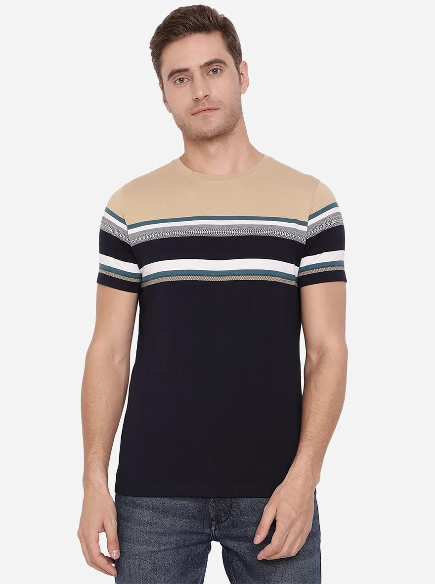 Khaki & Blue Striped Slim Fit T-Shirt | Greenfibre