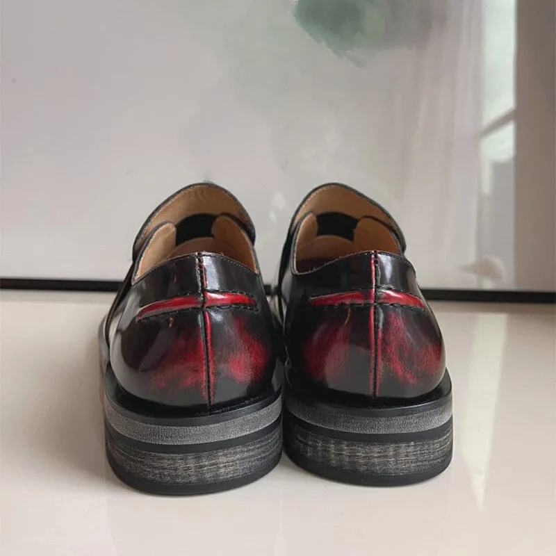 Leather Penny Loafers for Women Round Toe in Win Red/Black