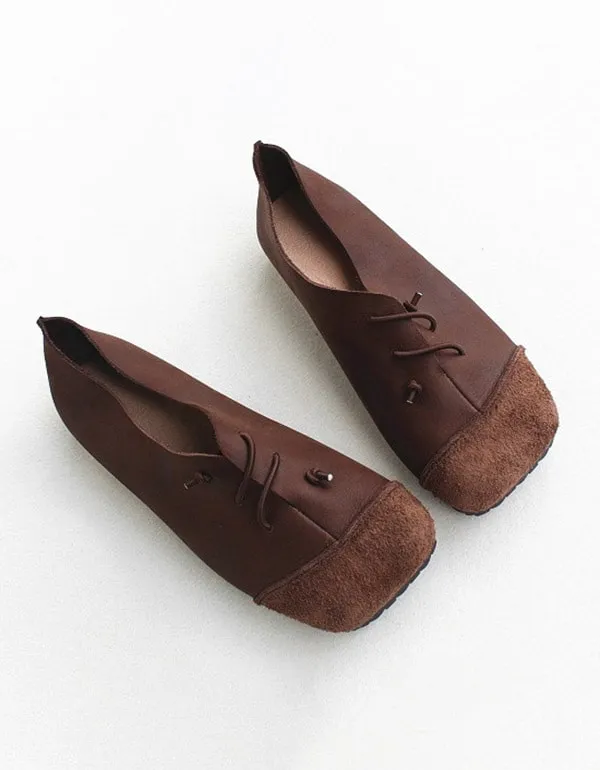 Leather Square Head Handmade Retro Flat Shoes