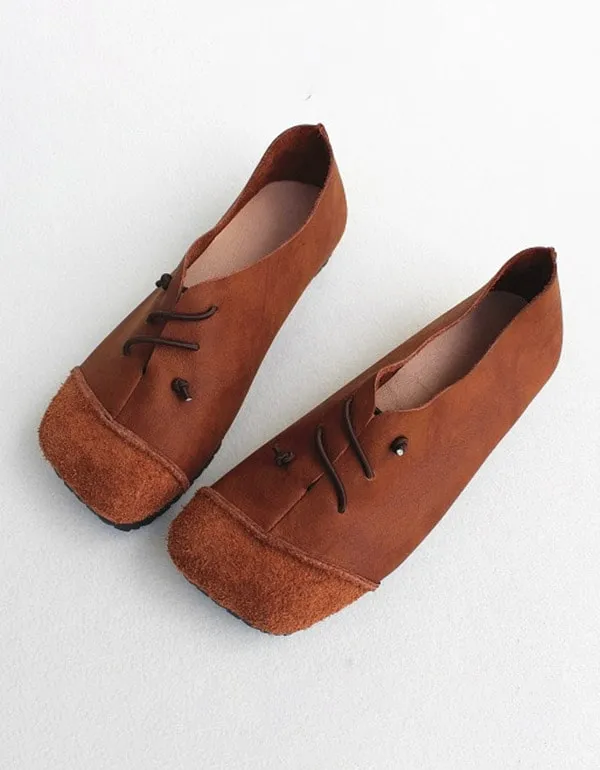 Leather Square Head Handmade Retro Flat Shoes