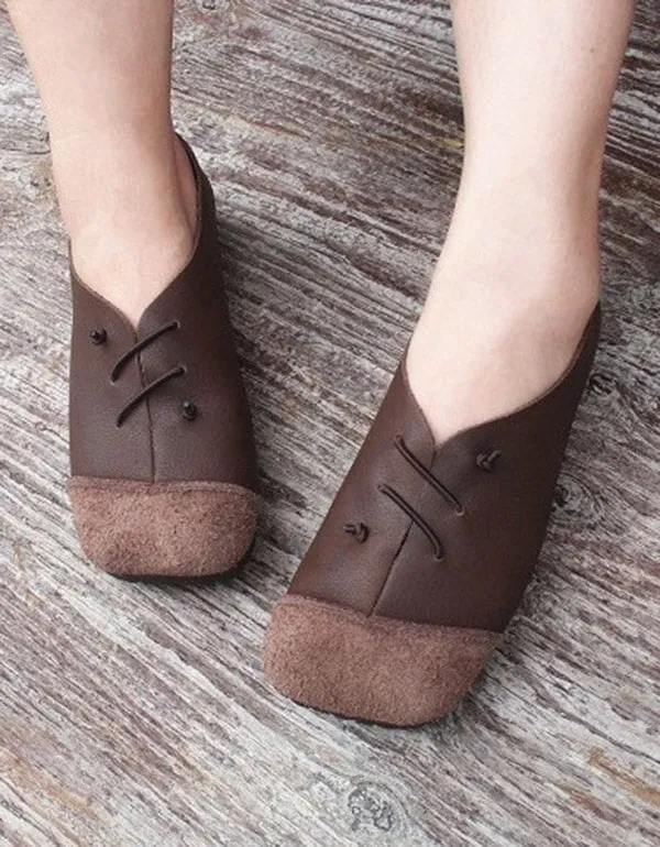 Leather Square Head Handmade Retro Flat Shoes