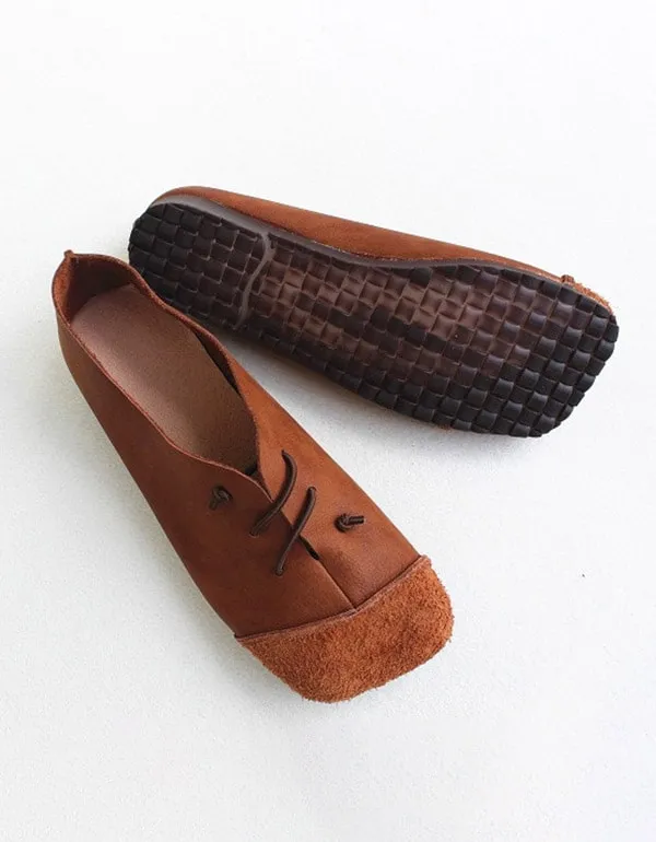 Leather Square Head Handmade Retro Flat Shoes