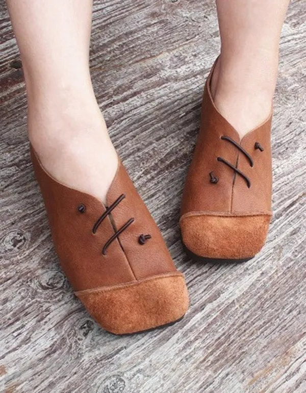 Leather Square Head Handmade Retro Flat Shoes