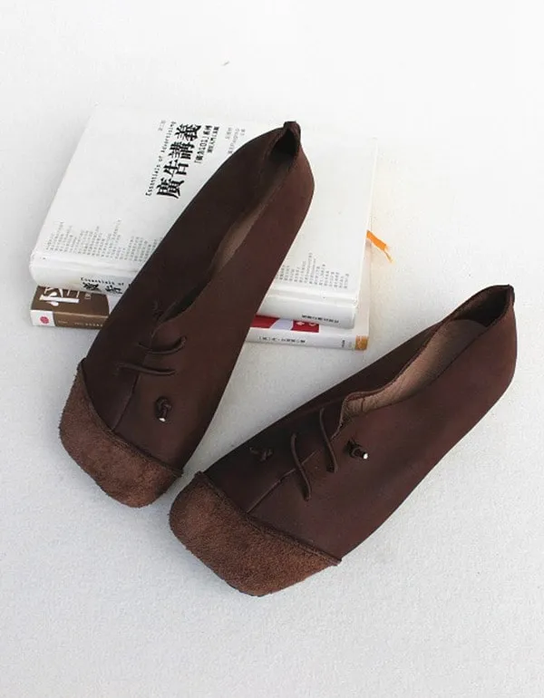 Leather Square Head Handmade Retro Flat Shoes