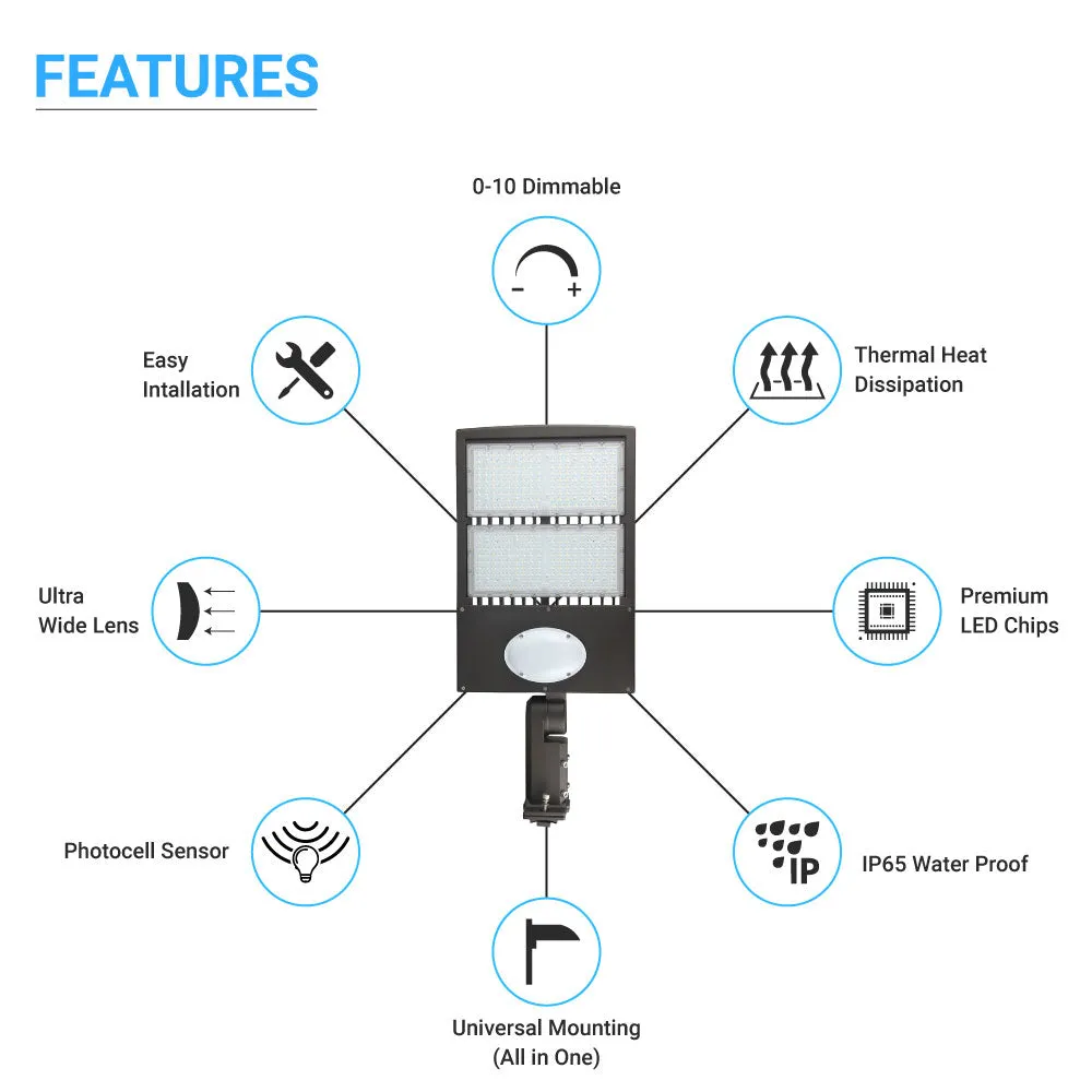 LED Pole Light 300W With Motion Sensor & Photocell, 5700K, UM, Bronze, Dusk to Dawn Capable - Parking Lot Lights