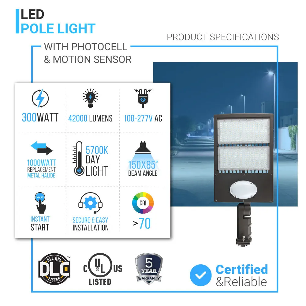 LED Pole Light 300W With Motion Sensor & Photocell, 5700K, UM, Bronze, Dusk to Dawn Capable - Parking Lot Lights