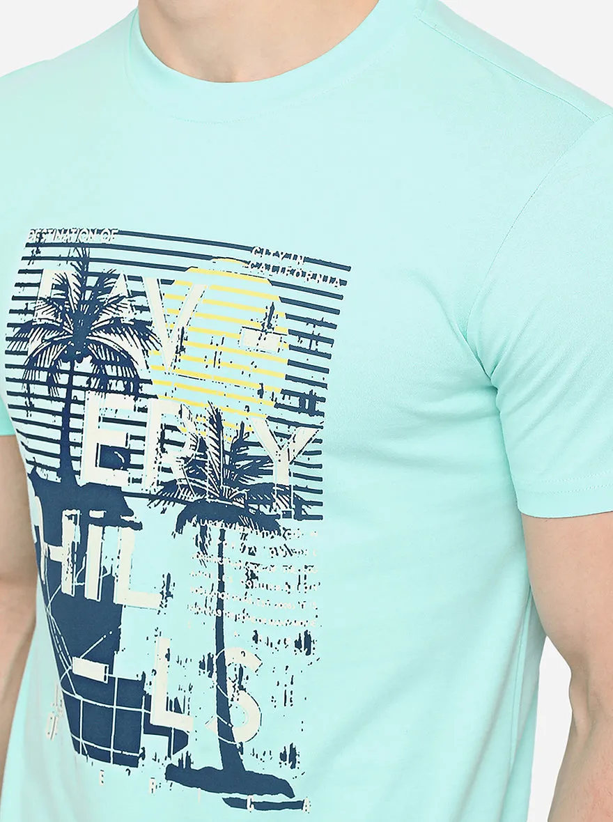 Light Blue Printed Slim Fit T-Shirt | Greenfibre