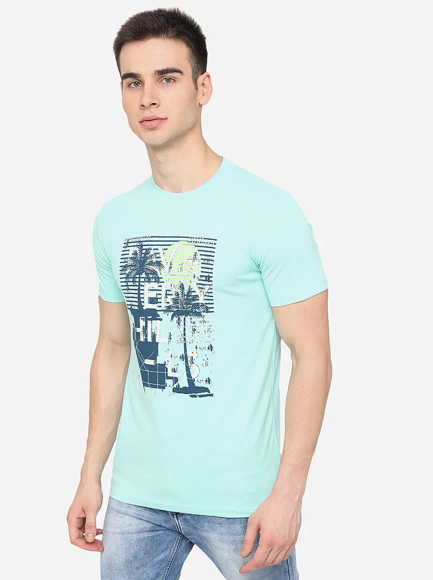 Light Blue Printed Slim Fit T-Shirt | Greenfibre