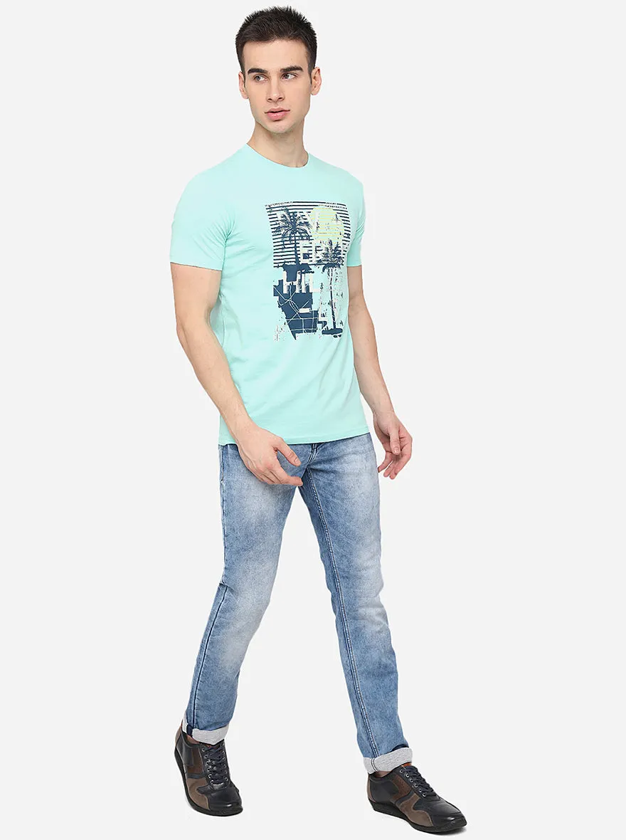 Light Blue Printed Slim Fit T-Shirt | Greenfibre