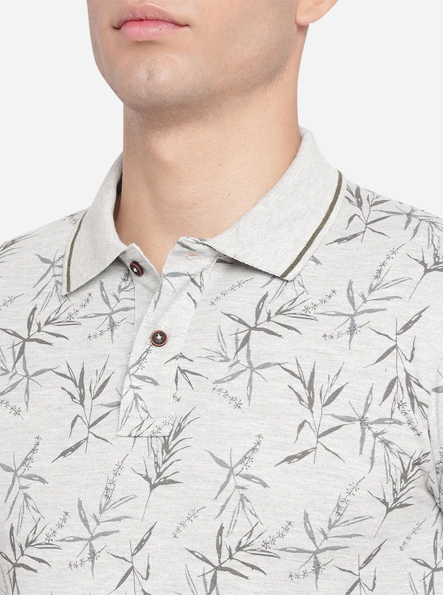 Light Grey Printed Slim Fit Polo T-Shirt | Greenfibre