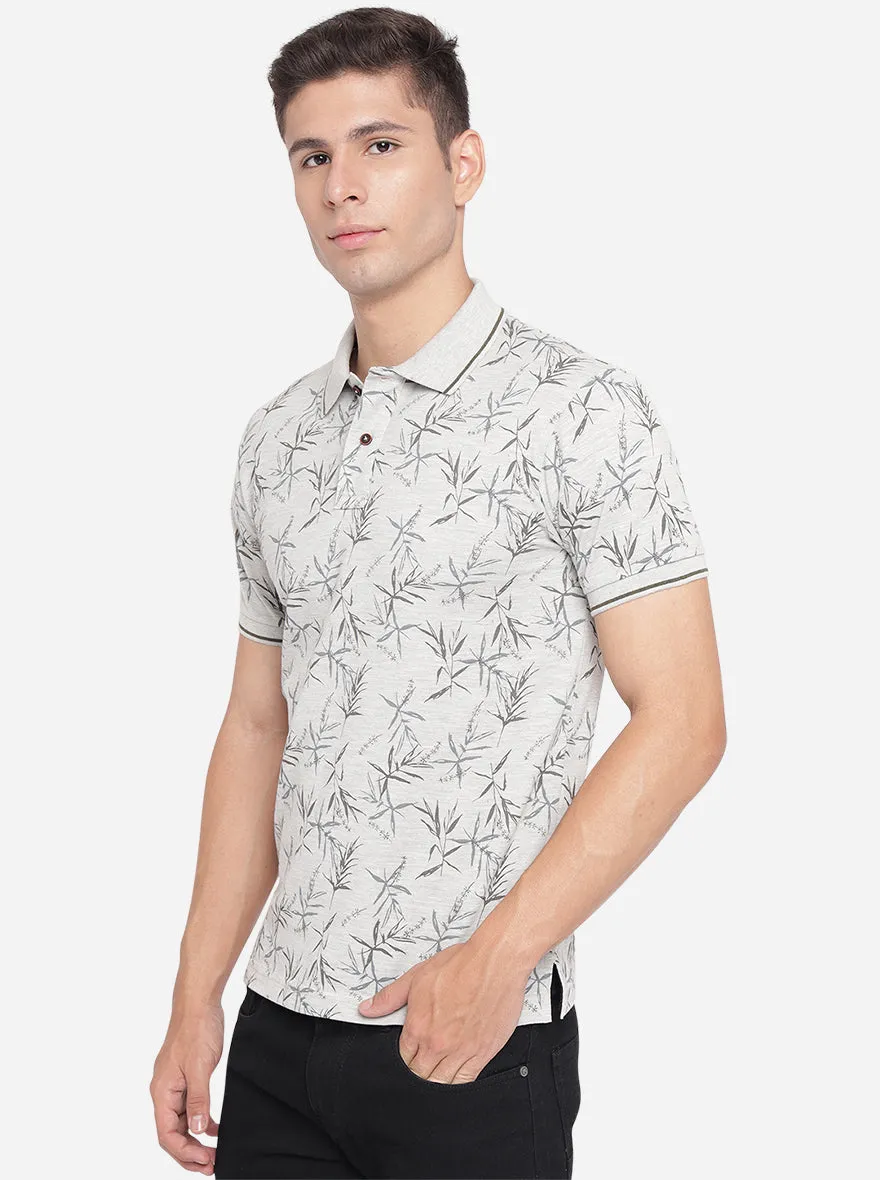 Light Grey Printed Slim Fit Polo T-Shirt | Greenfibre