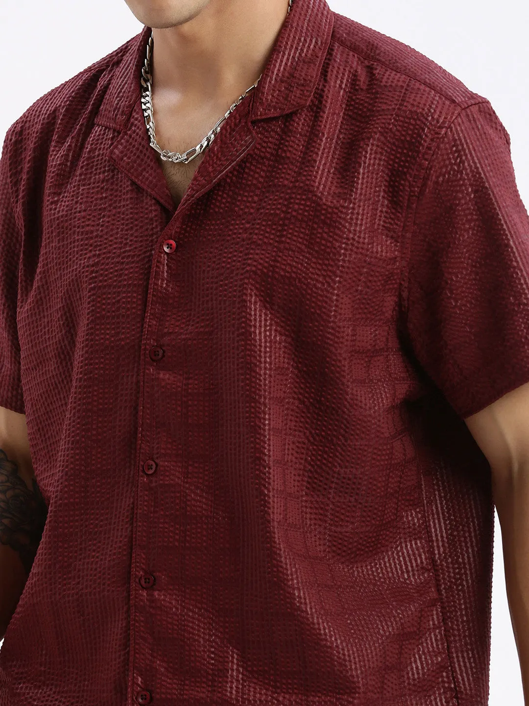 Men Cuban Collar Solid Relaxed Fit Maroon Shirt