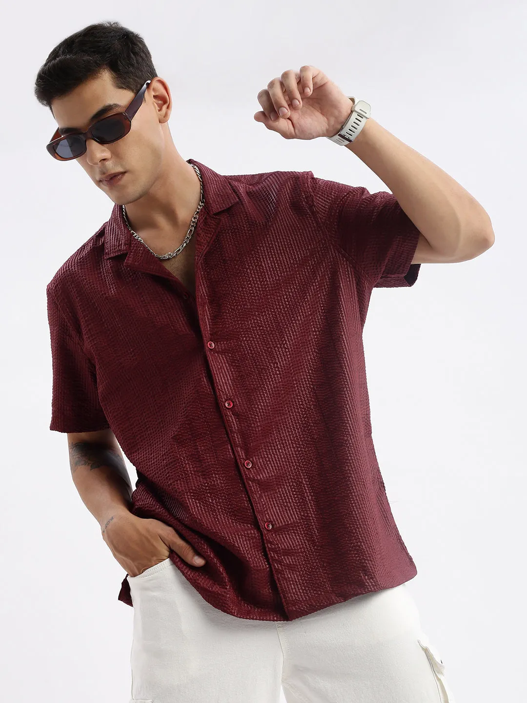 Men Cuban Collar Solid Relaxed Fit Maroon Shirt