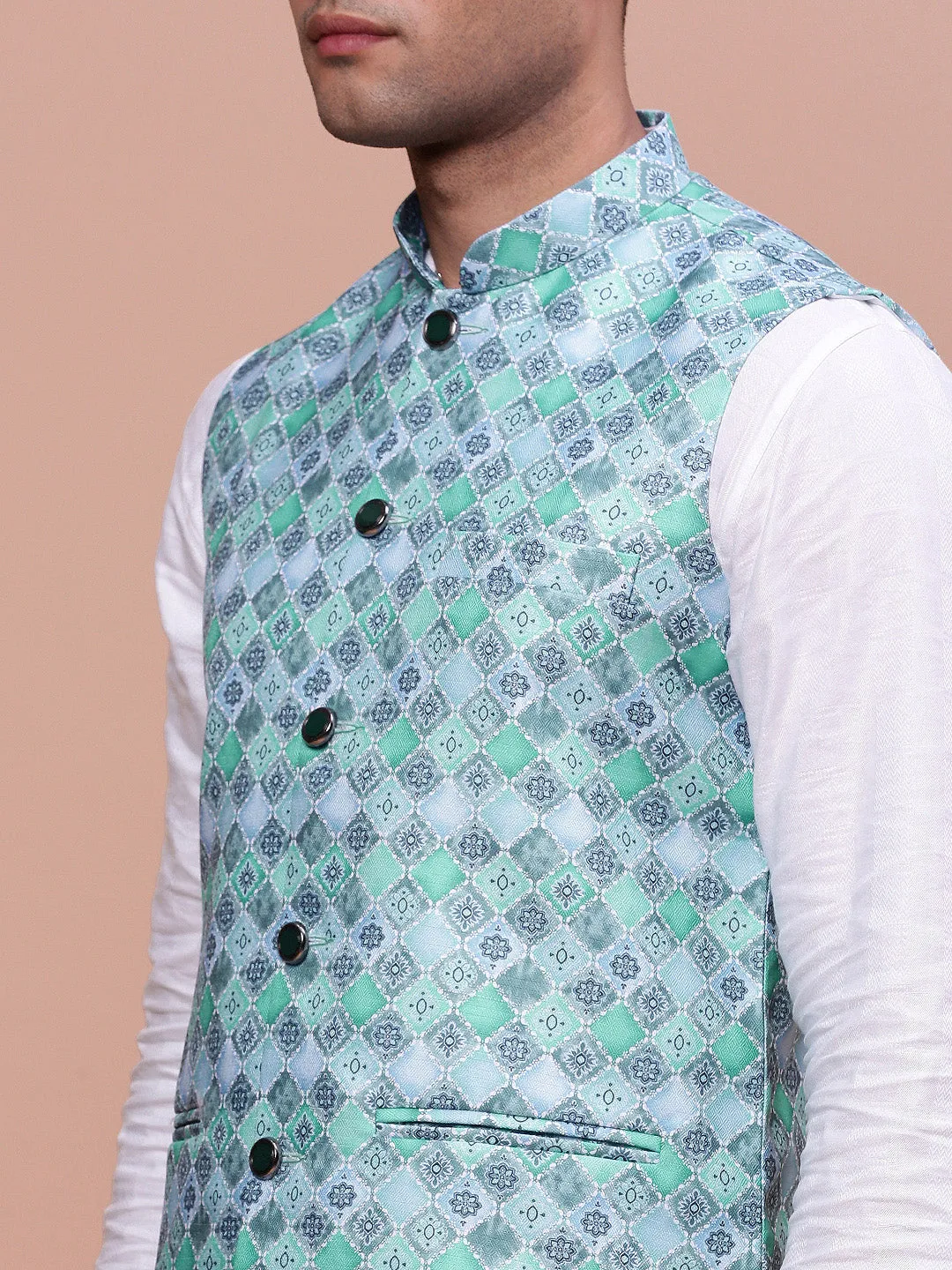 Men Printed Turquoise Blue Slim Fit Nehru Jacket