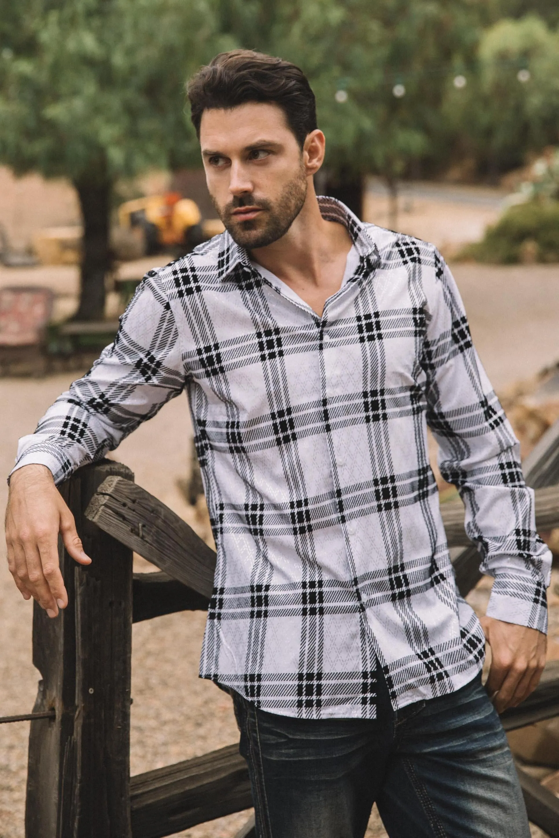 Men's Checkered Flocked Modern Fit Spandex White Shirt