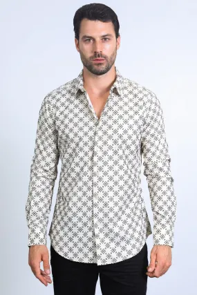 Men's Flocked Style Modern Fit Spandex Beige Shirt