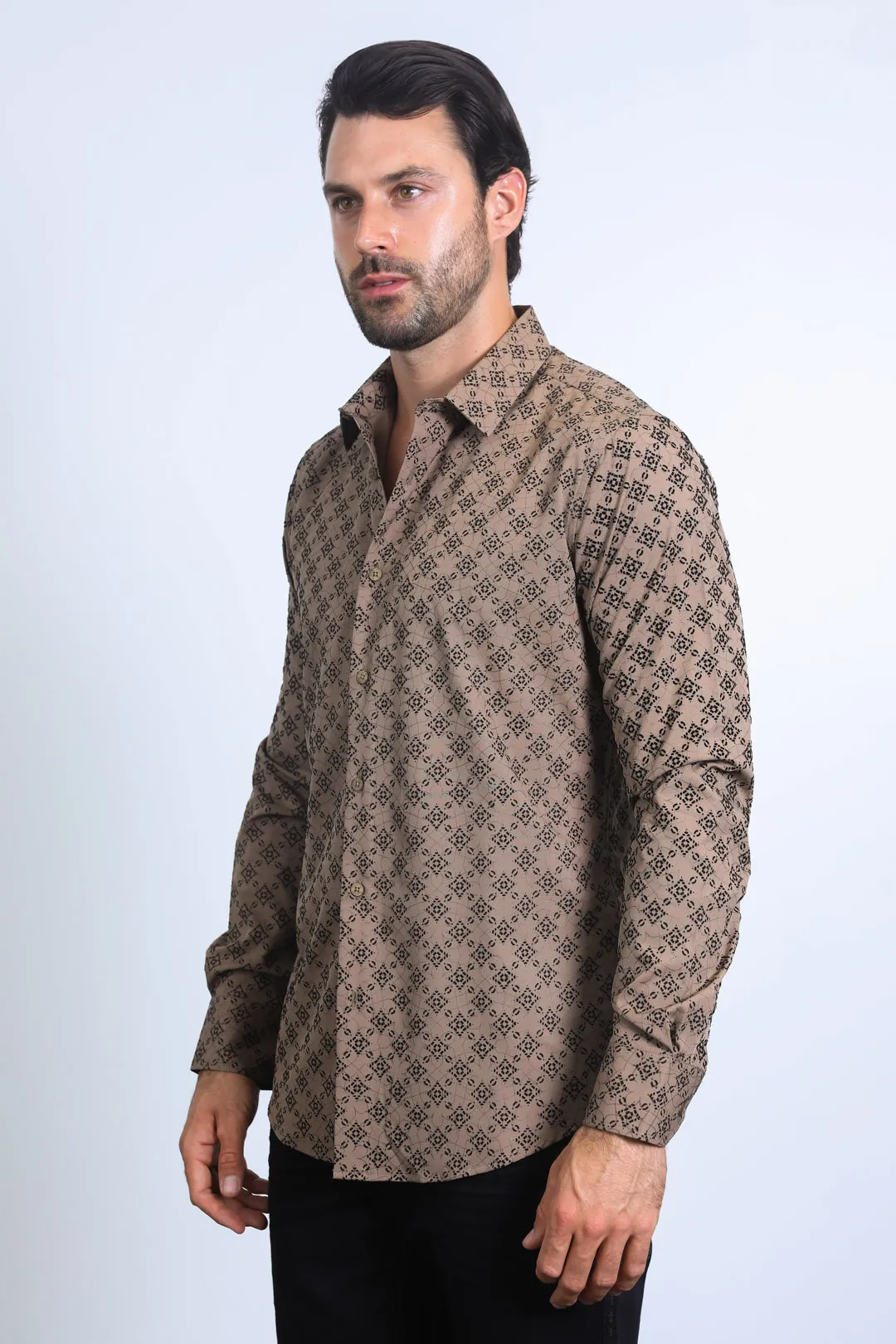 Men's Flocked Style Modern Fit Spandex Brown Shirt