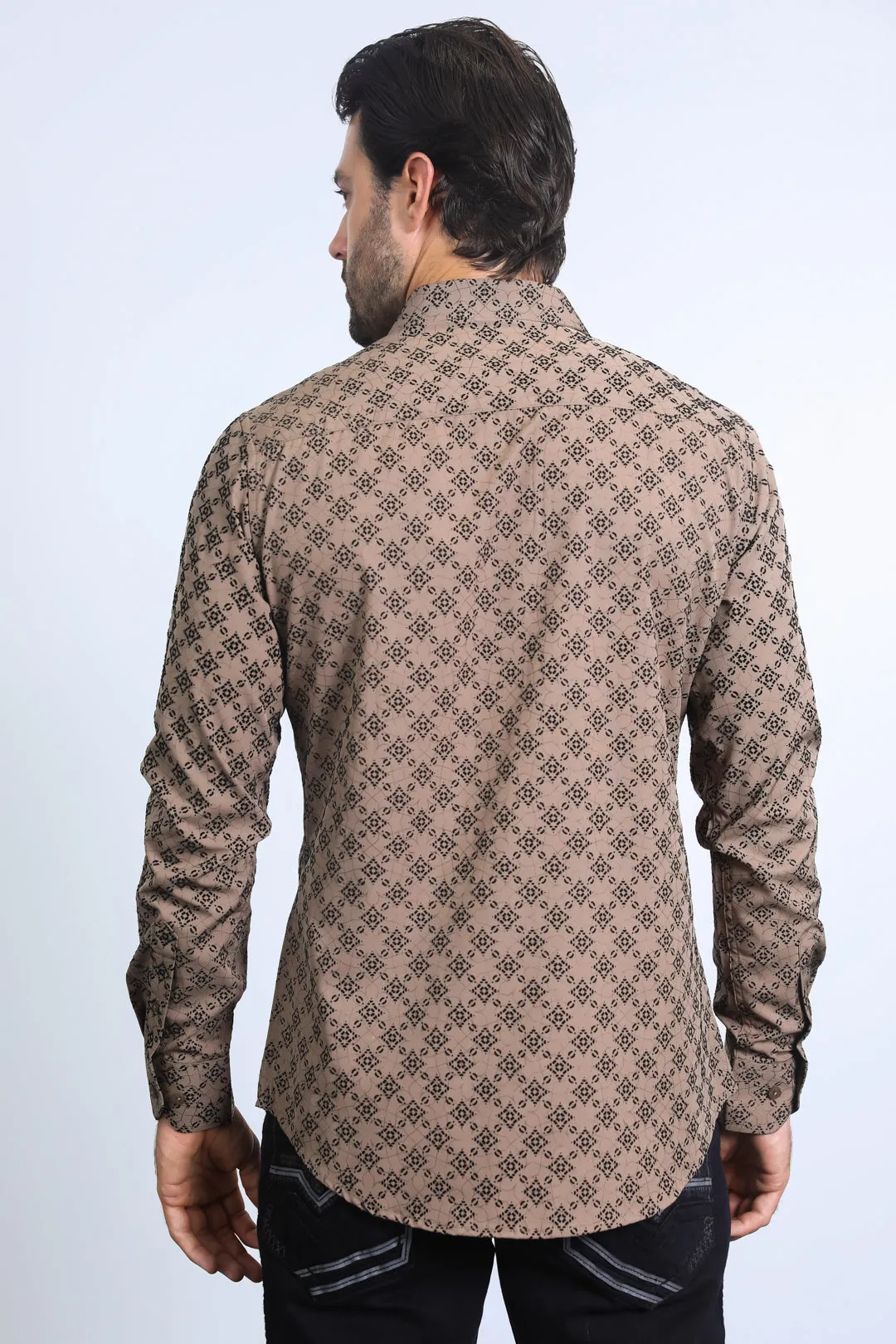 Men's Flocked Style Modern Fit Spandex Brown Shirt