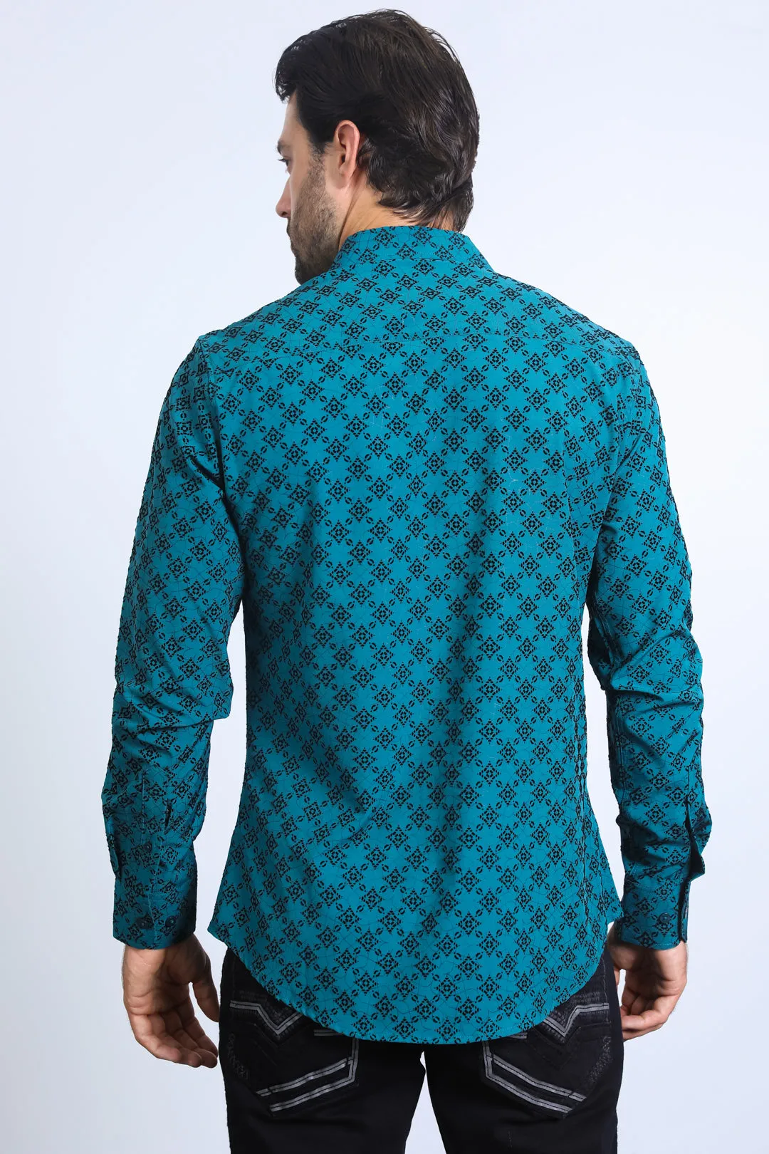 Men's Flocked Style Modern Fit Spandex Teal Shirt