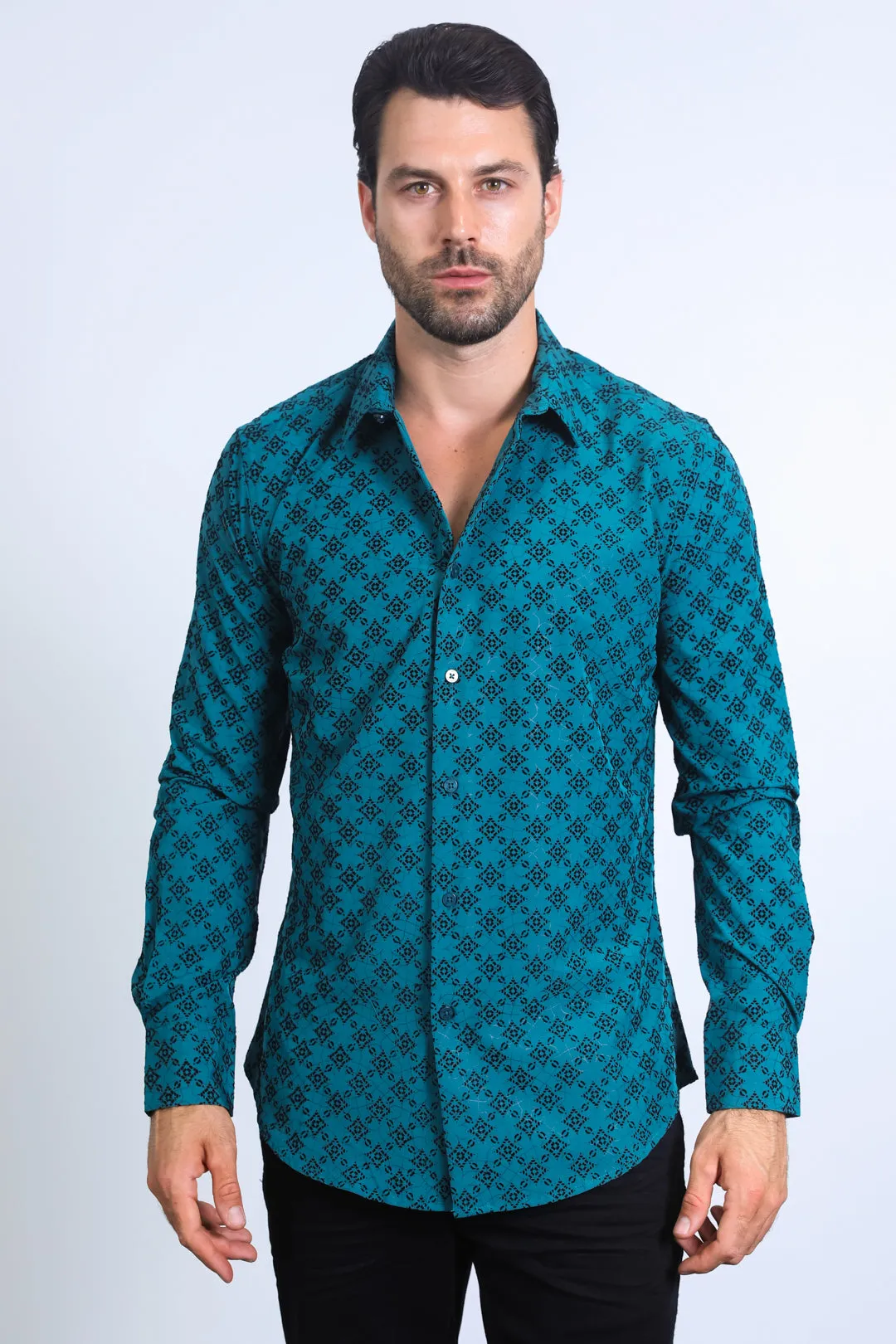 Men's Flocked Style Modern Fit Spandex Teal Shirt