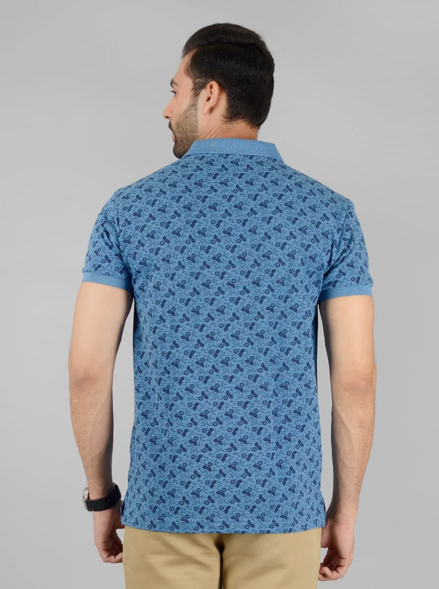 Prussian Blue Printed Slim Fit Polo T-Shirt | Greenfibre