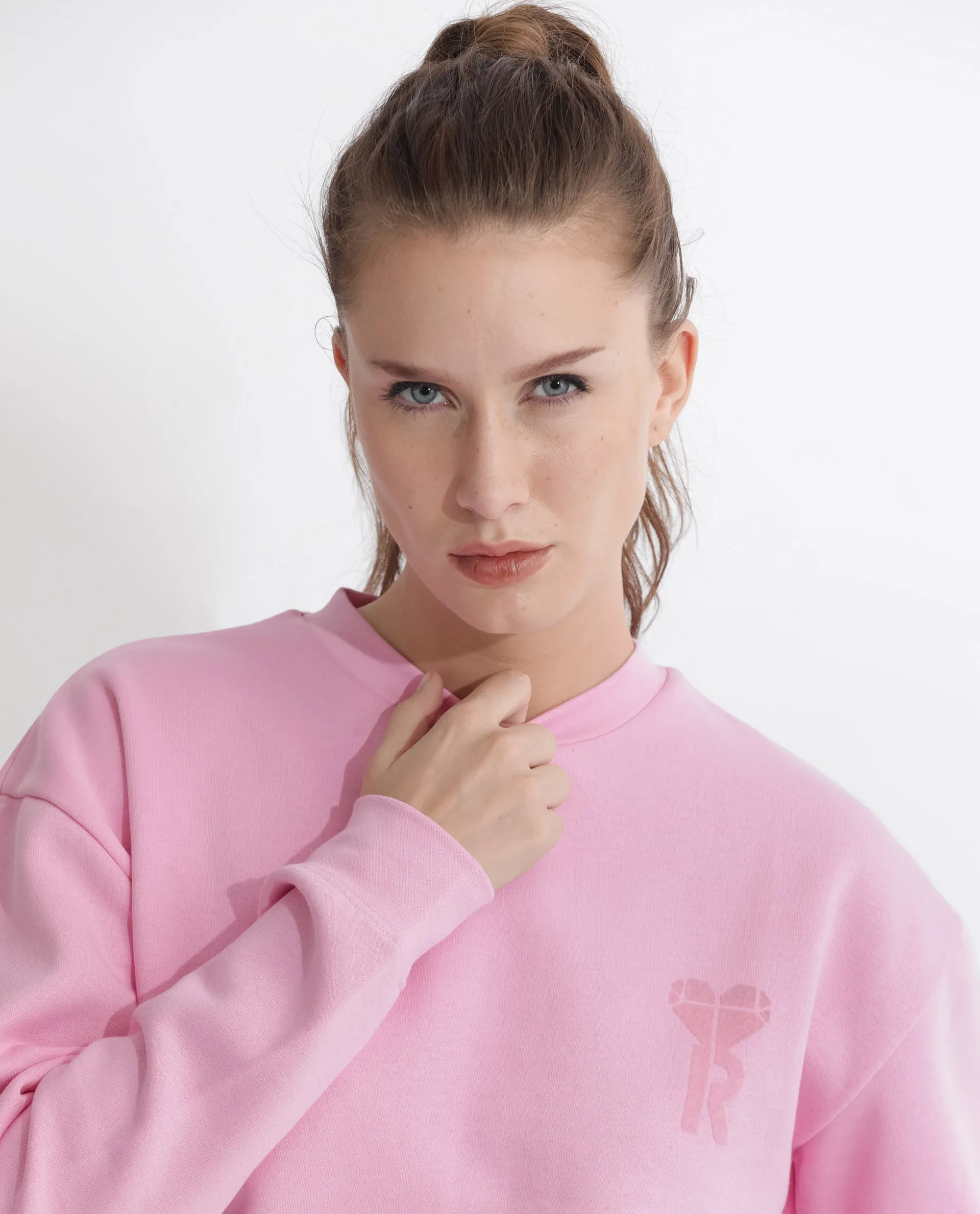 Rareism Articale Women Pelser Light Pink Poly Cotton Fabric Full Sleeves Cuffed Sleeve Ribbed Collar Relaxed Fit Plain Sweatshirt