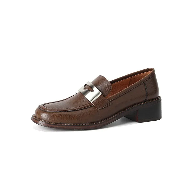 Retro Leather Block Heel Loafers for Women Square Toe in Brown/Black