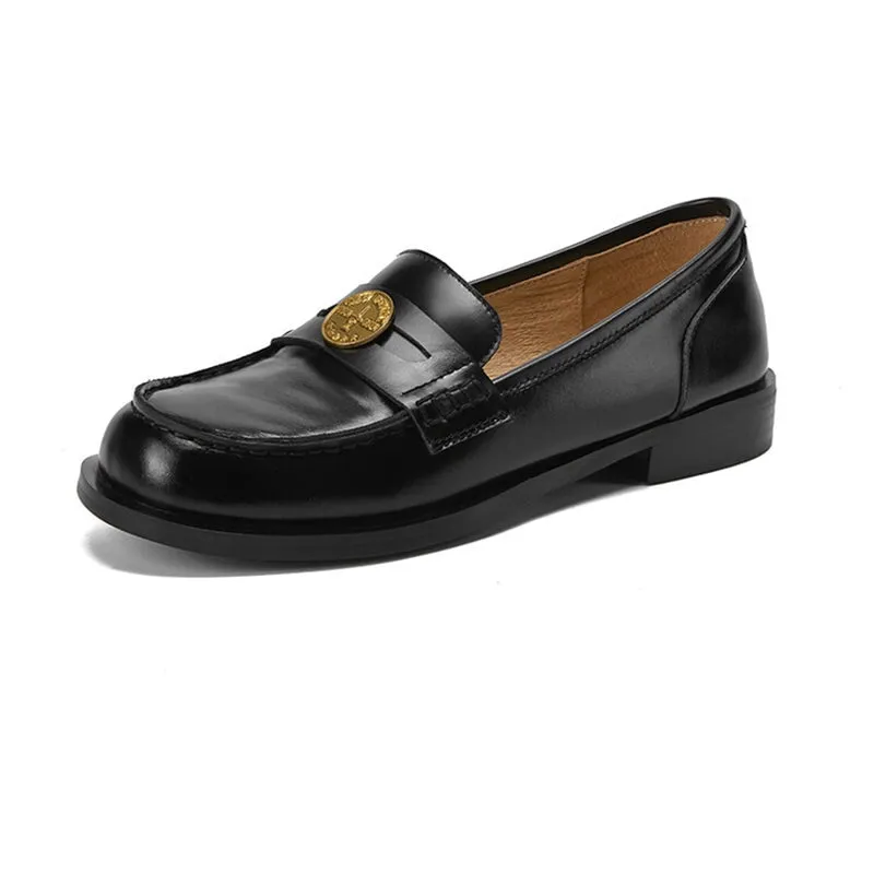 Retro Leather Penny Loafers for Women Round Toe Flat in Brown/Black